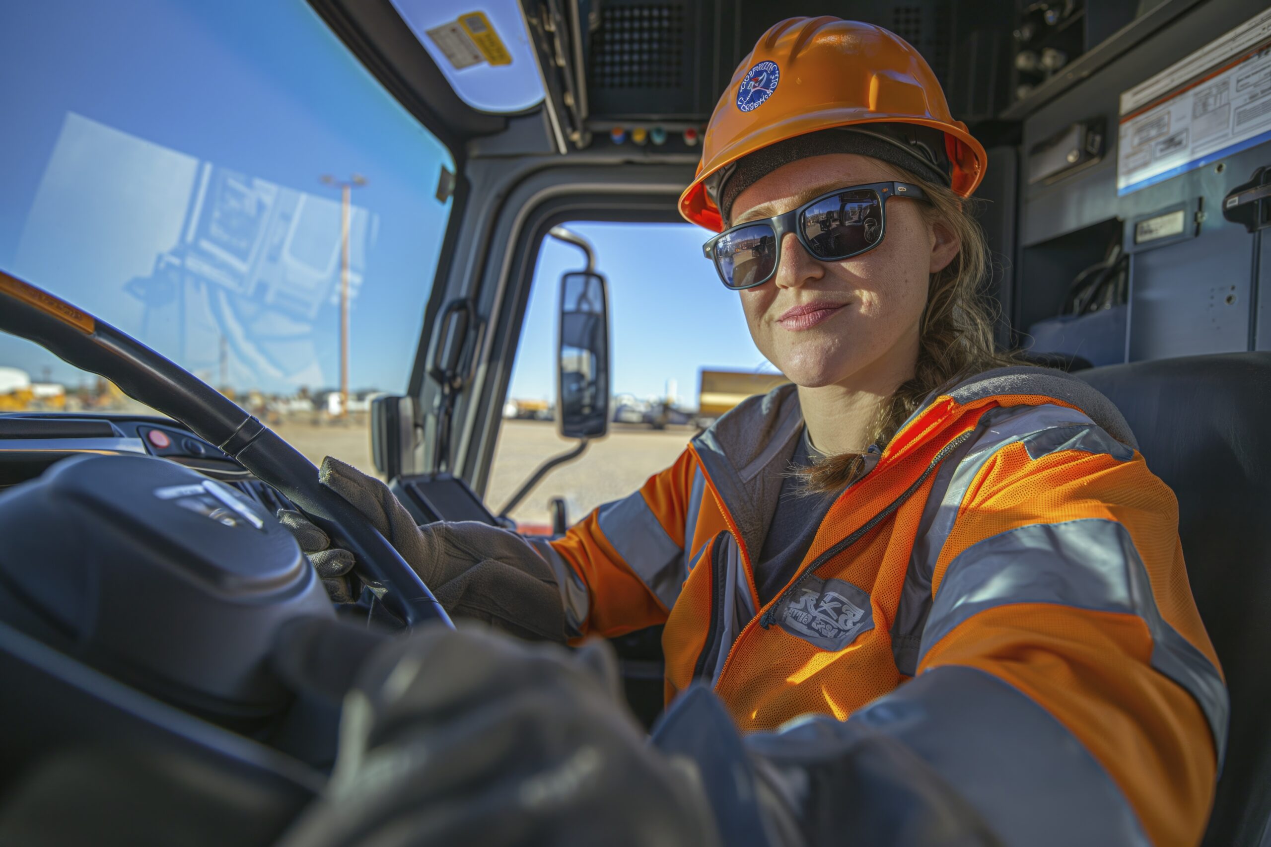 ultra wide angle full body Female truck driver in the background, . a view from afar. Photo taken in the style of Canon R5, with a 28mm lens. --chaos 8 --ar 3:2 --style raw Job ID: ab107c14-db28-461f-8ae3-c51bc0a7abaf